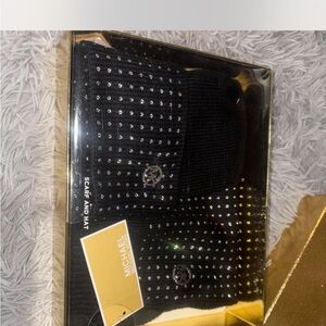 Michael Kors Black Studded Knit Hat and Scarf Set with Silver Accents